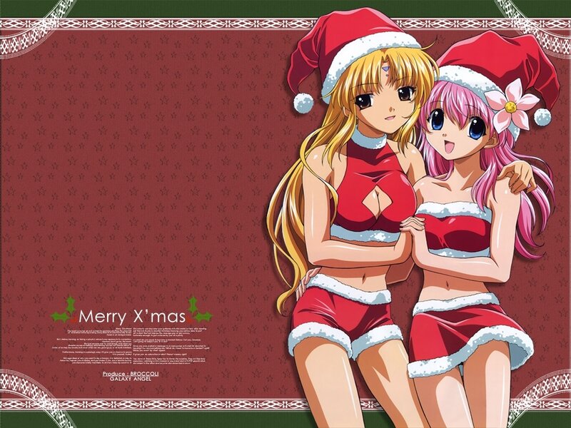 Two Anime Girls in Santa Outfits — Red, Festive, Winter, Santa Hats, Christmas, Hats