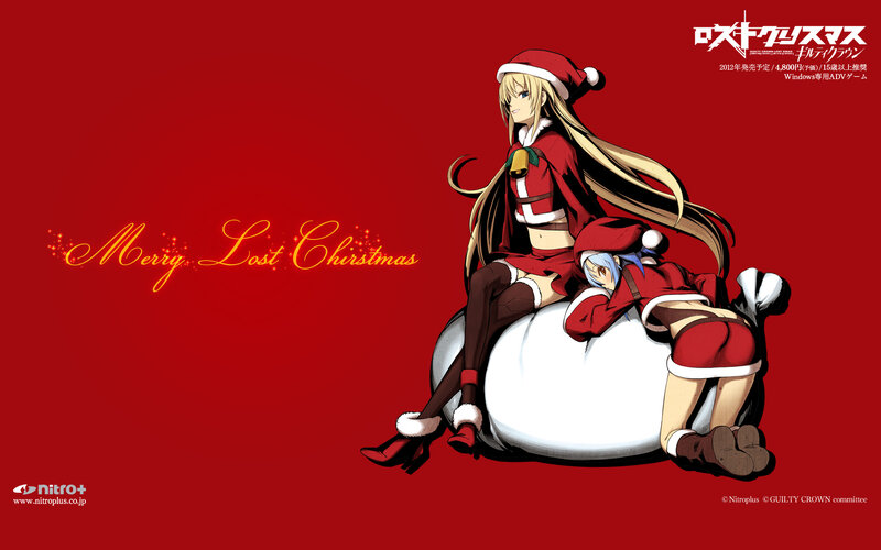 Two Anime Girls in Santa Outfits — Red, Festive, Winter, Santa Hats, Sack
