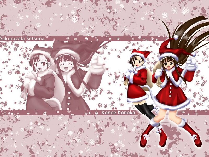 Two Anime Girls in Santa Outfits — Red, Festive, Winter, Santa Hats, Snowflakes, Santa Suits