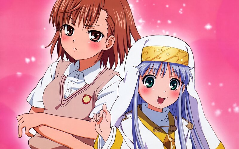 Two anime girls in school and fantasy attire