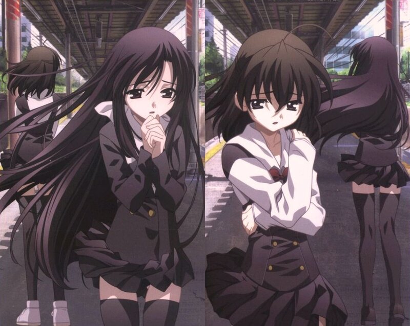Two Anime Girls in School Uniforms — Black, Dramatic, Afternoon