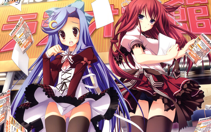 Two Anime Girls in School Uniforms — Blue, Busy