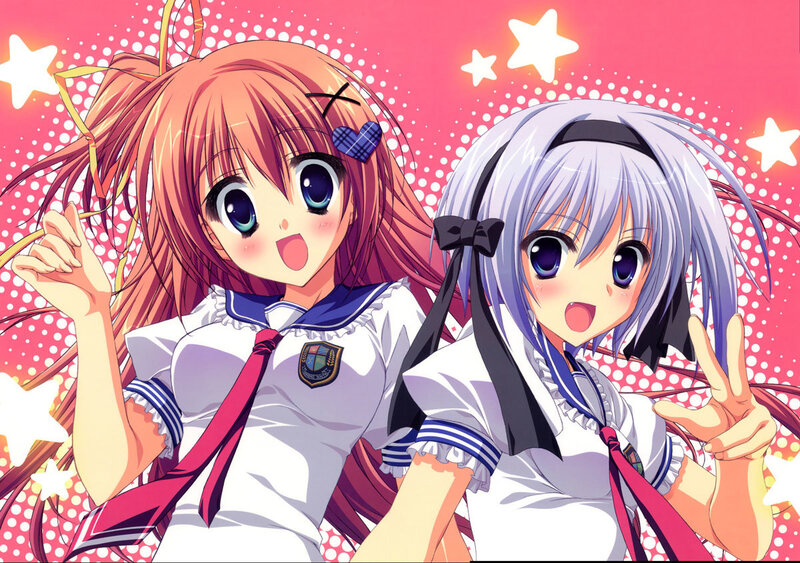 Two Anime Girls in School Uniforms — Pink, Cheerful, School Uniform