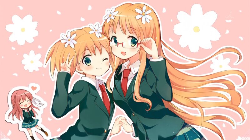 Two Anime Girls in School Uniforms — Pink, Cheerful, Spring, Flowers
