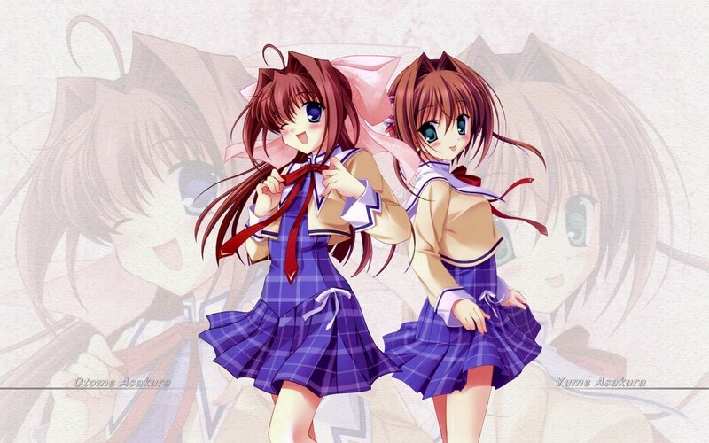 Two Anime Girls in School Uniforms — Purple, Cheerful, School Uniform
