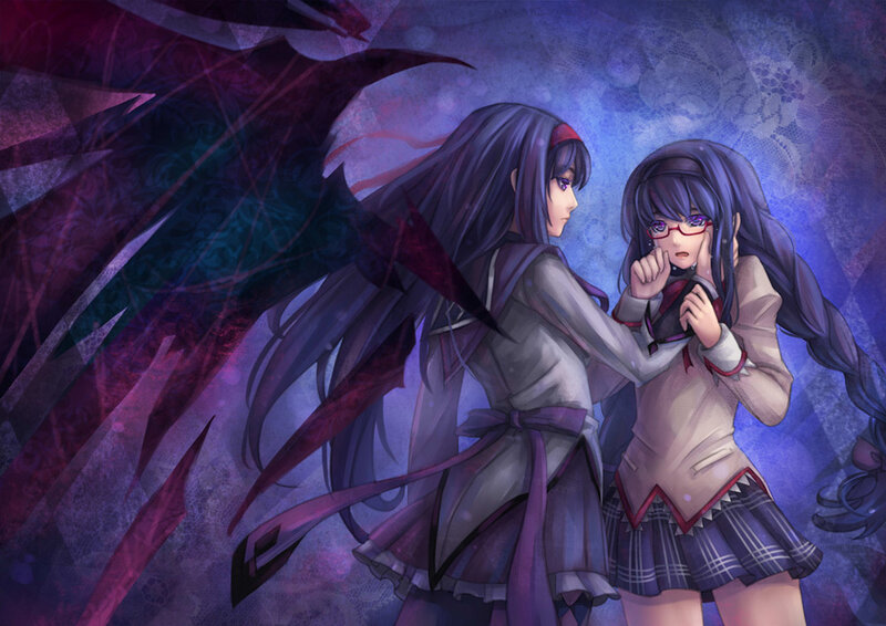 Two Anime Girls in School Uniforms — Purple, Dramatic