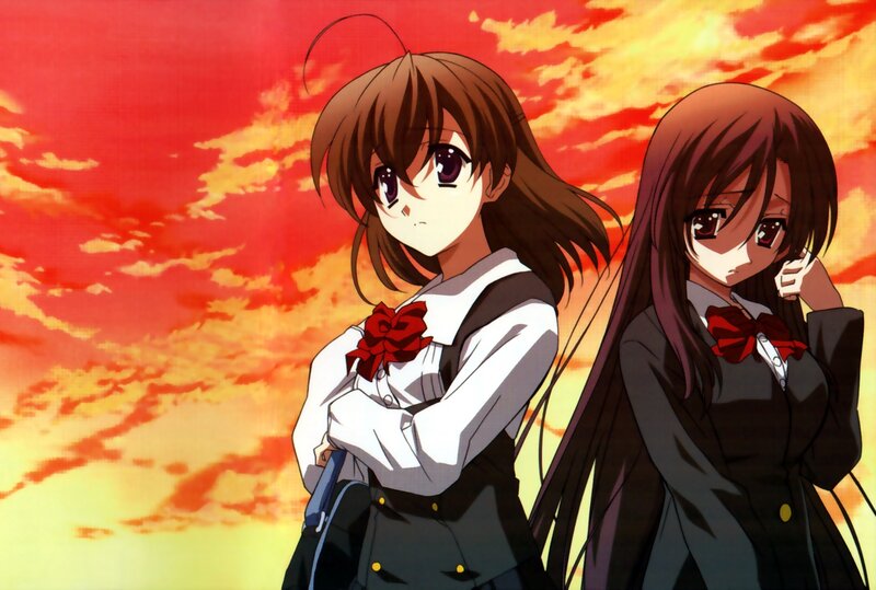 Two Anime Girls in School Uniforms — Red, Dramatic