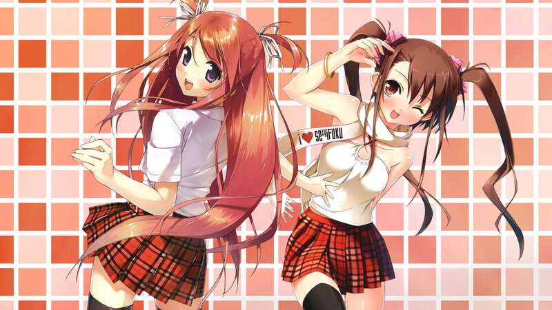 Two Anime Girls in School Uniforms — Red, Playful, Plaid Skirts