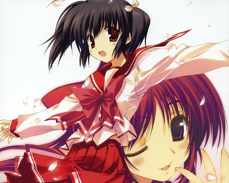 Two Anime Girls in School Uniforms — Red, Playful, Spring