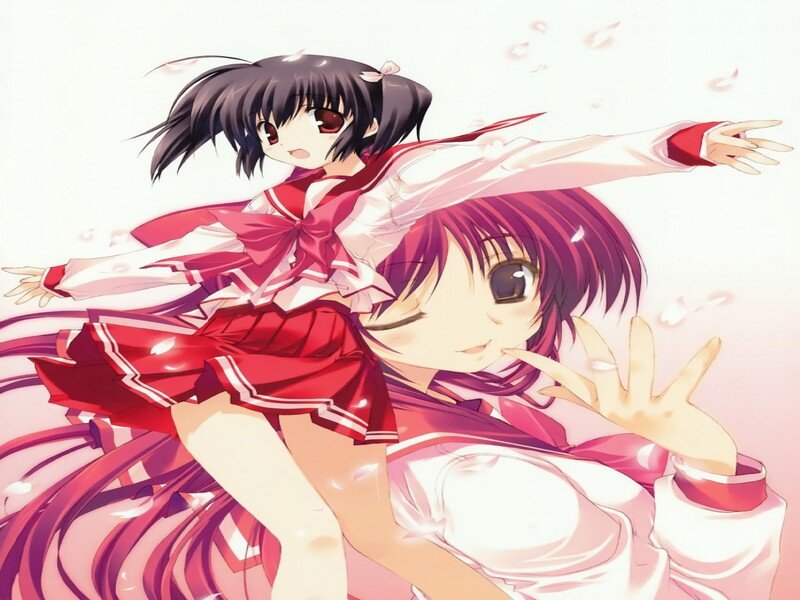 Two Anime Girls in School Uniforms — Red, Playful