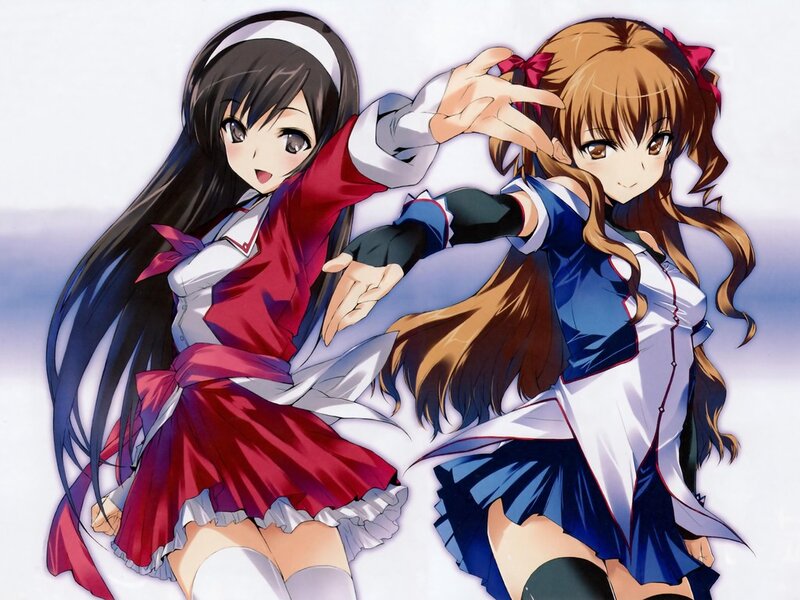Two Anime Girls in School Uniforms — White, Playful, School Uniform