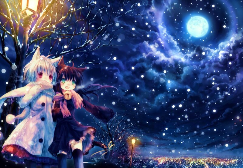 Two Anime Girls in Snow — Blue, Serene, Night, Digital Art