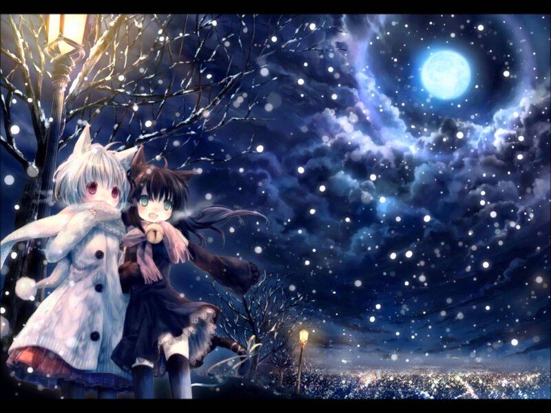 Two Anime Girls in Snow — Blue, Serene, Night, Moon, Trees