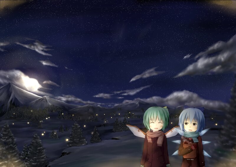 Two Anime Girls in Snow — Blue, Serene, Night, Snowy Mountains