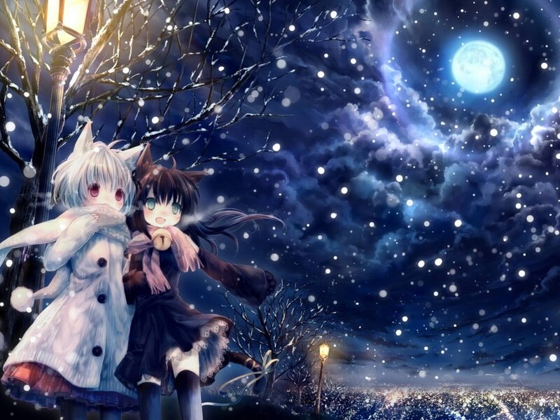 Two Anime Girls in Snow — Blue, Serene