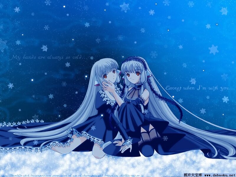 Two Anime Girls in Snow — Blue, Serene, Winter, Snowflakes