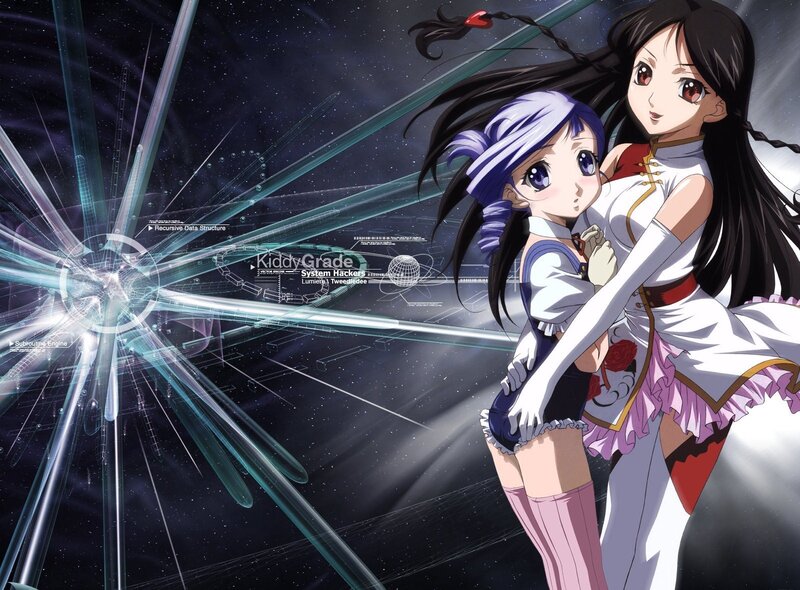 Two Anime Girls in Space — Black, Dramatic, Night, Holographic Interface