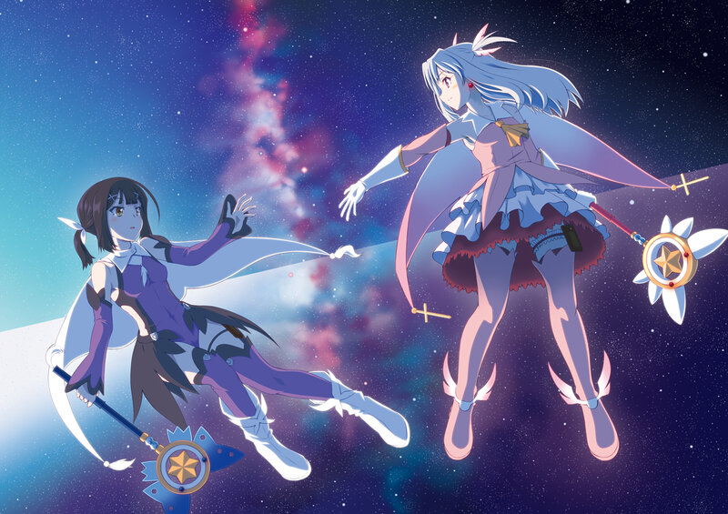 Two Anime Girls in Space — Blue, Dramatic, Night, Magic Wands