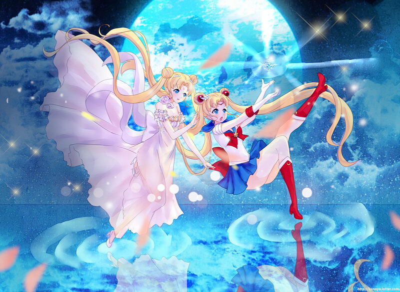 Two Anime Girls in Space — Blue, Dramatic, Night, Moon
