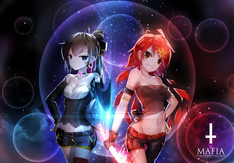 Two Anime Girls in Space — Purple, Dramatic, Night, Digital Art, Bubbles