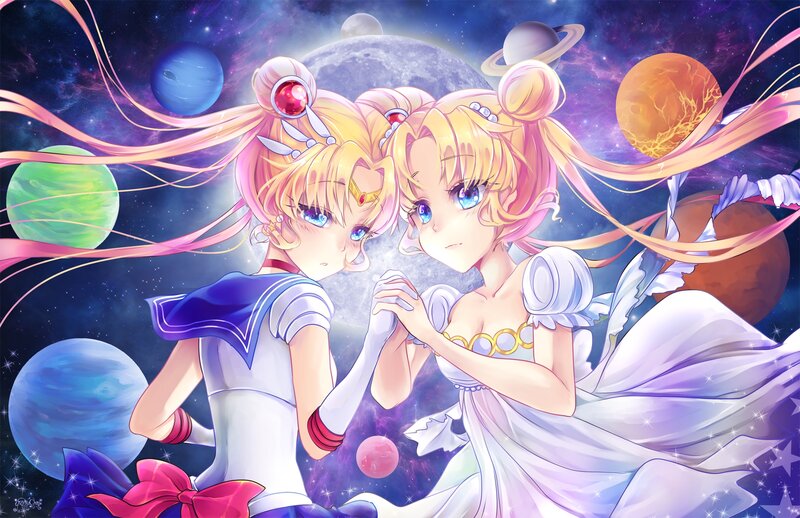 Two Anime Girls in Space — Purple, Dramatic, Night, Digital Art
