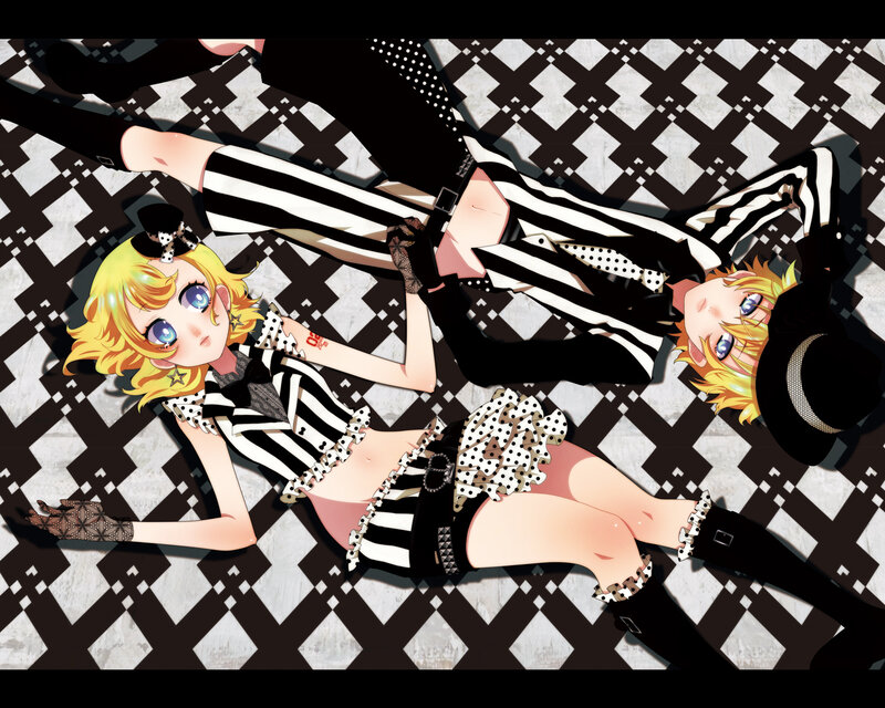 Two anime girls in striped outfits