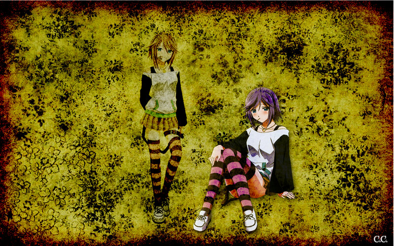 Two Anime Girls in Striped Socks