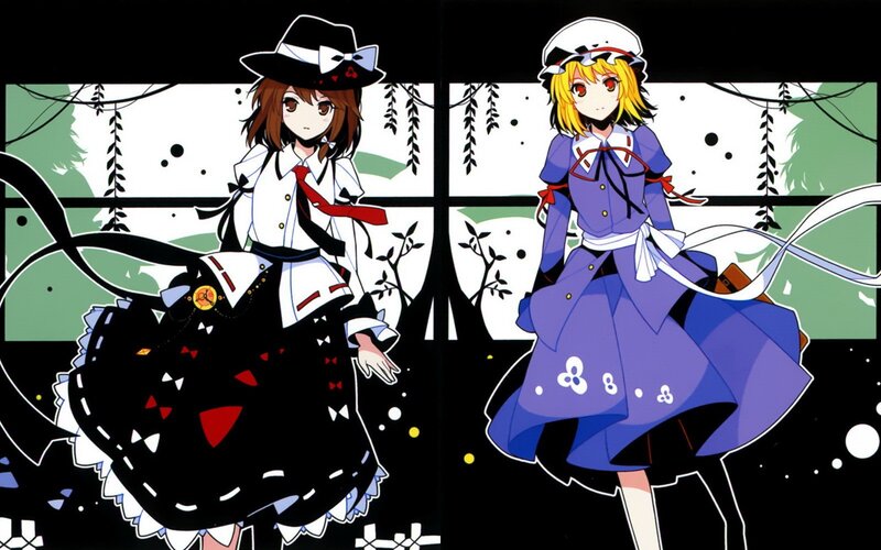 two anime girls in stylized dresses
