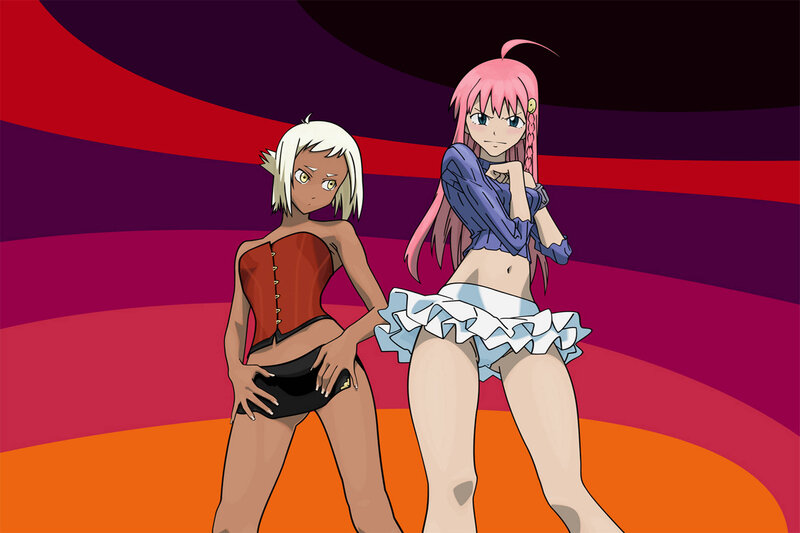 Two anime girls in stylized outfits