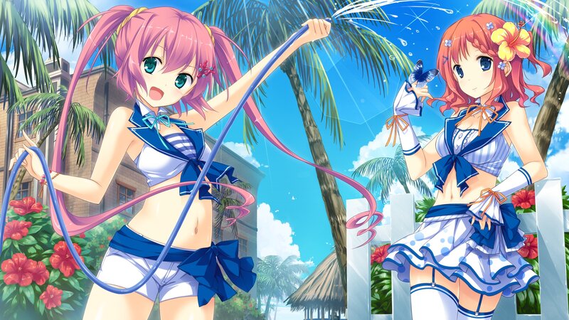 Two Anime Girls in Swimsuits — Blue, Playful, Afternoon