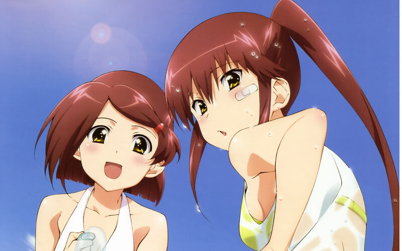Two Anime Girls in Swimsuits — Blue, Playful, Summer