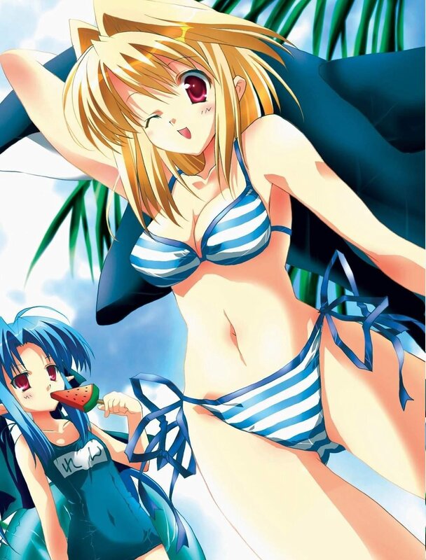 Two Anime Girls in Swimsuits — Blue, Playful, Summer, Watermelon