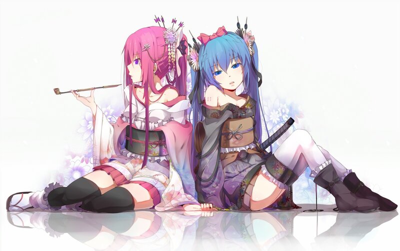 Two anime girls in traditional attire