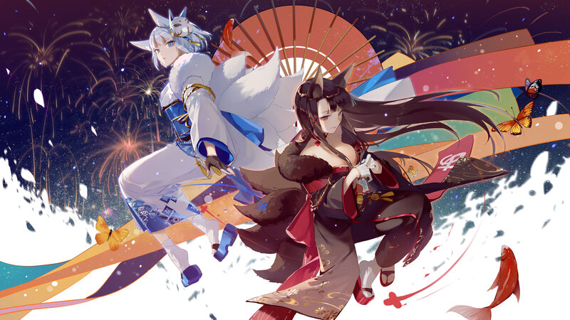 Two Anime Girls in Traditional Clothing — White, Festive