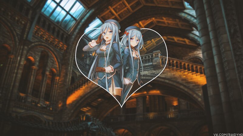Two Anime Girls in Uniform — Blue, Dramatic, Heart Frame, Building Interior