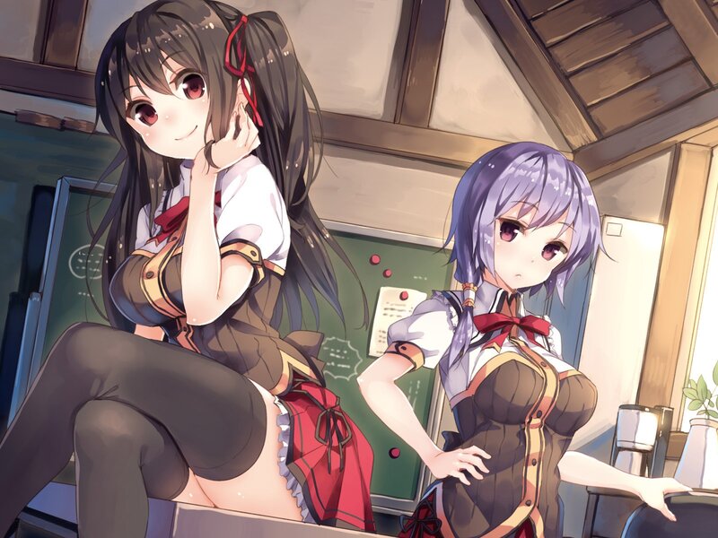 Two Anime Girls in Uniform — Purple, Calm, Afternoon, School