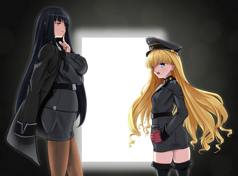 Two Anime Girls in Uniforms — Black, Dramatic