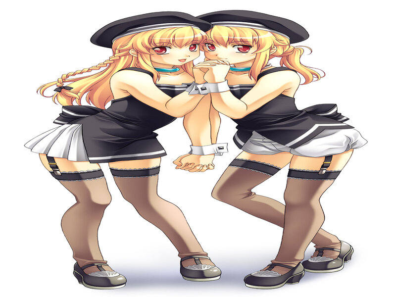 Two Anime Girls in Uniforms — Black, Playful, Hats, Braces