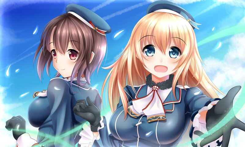 Two Anime Girls in Uniforms — Blue, Bright
