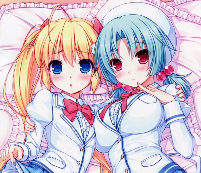 Two Anime Girls in Uniforms — Blue, Calm, Pillows