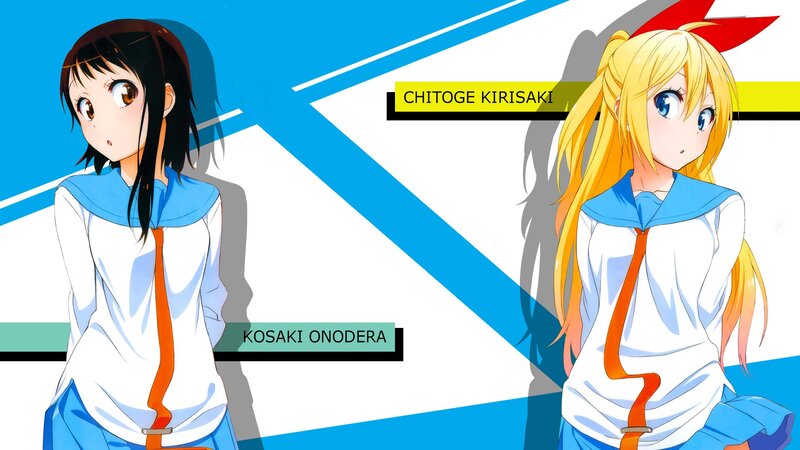 Two Anime Girls in Uniforms — Blue, Calm, School Uniform, Text Overlay, Blue Background