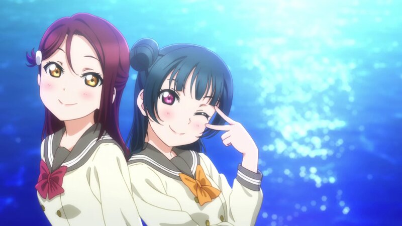 Two Anime Girls in Uniforms — Blue, Cheerful, School Uniform, Sea
