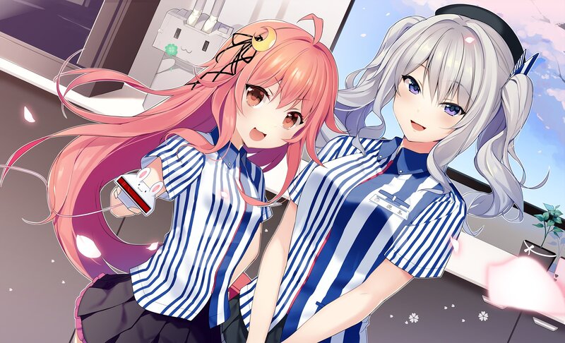 Two Anime Girls in Uniforms — Blue, Cheerful, Spring