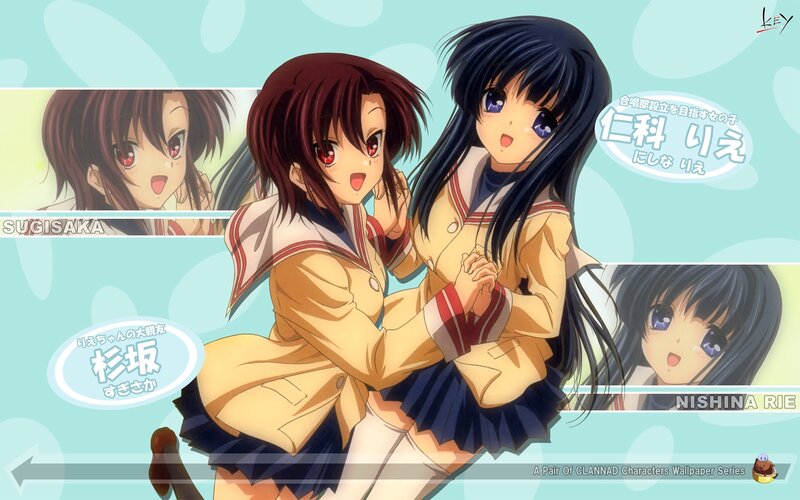 Two Anime Girls in Uniforms — Blue, Cheerful