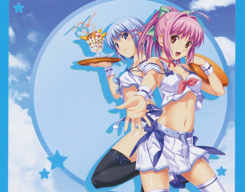 Two Anime Girls in Uniforms — Blue, Playful, Afternoon, Dessert