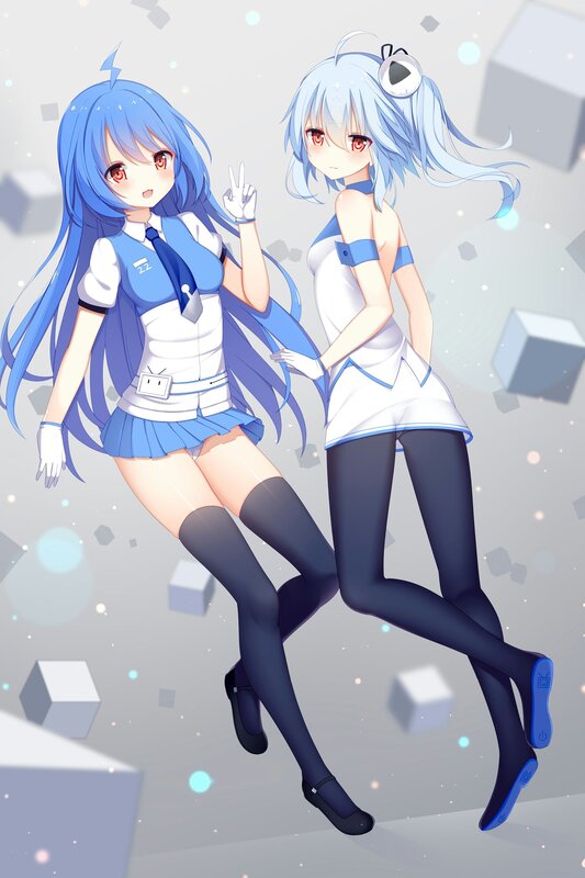 Two Anime Girls in Uniforms — Blue, Playful, Blue Hair