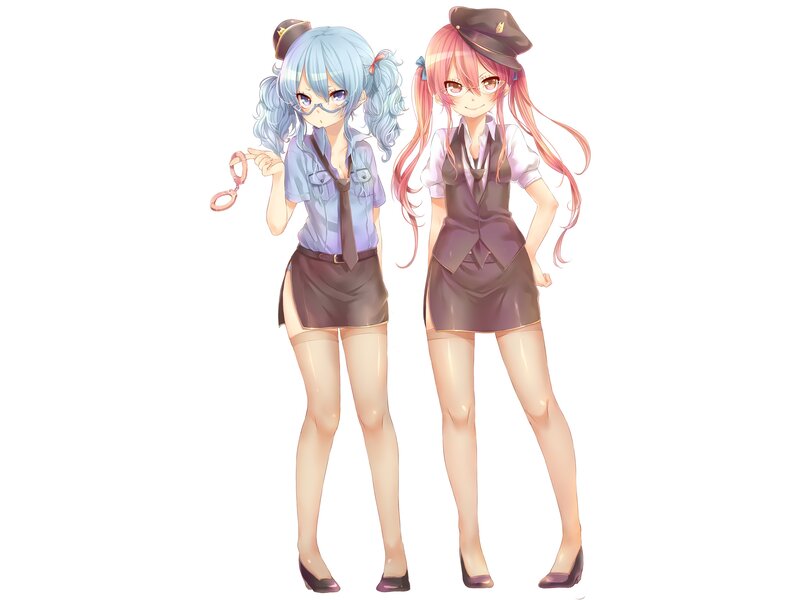 Two Anime Girls in Uniforms — Blue, Playful, Handcuffs