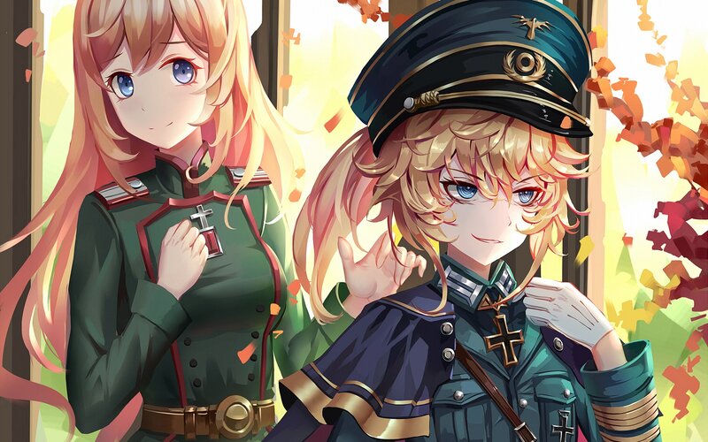 Two Anime Girls in Uniforms — Green, Calm, Autumn