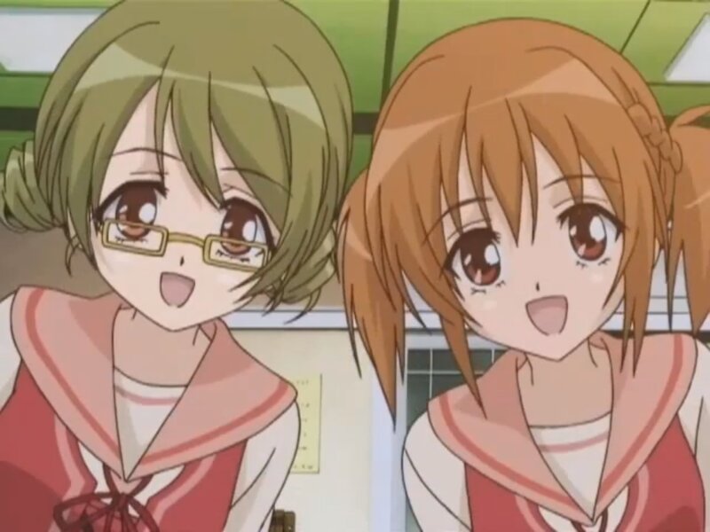 Two Anime Girls in Uniforms — Green, Cheerful, School Uniform