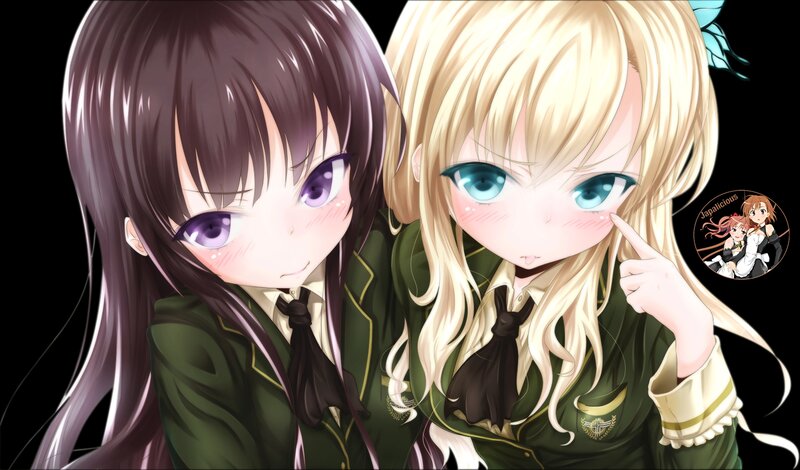Two Anime Girls in Uniforms — Green, Playful, School Uniform